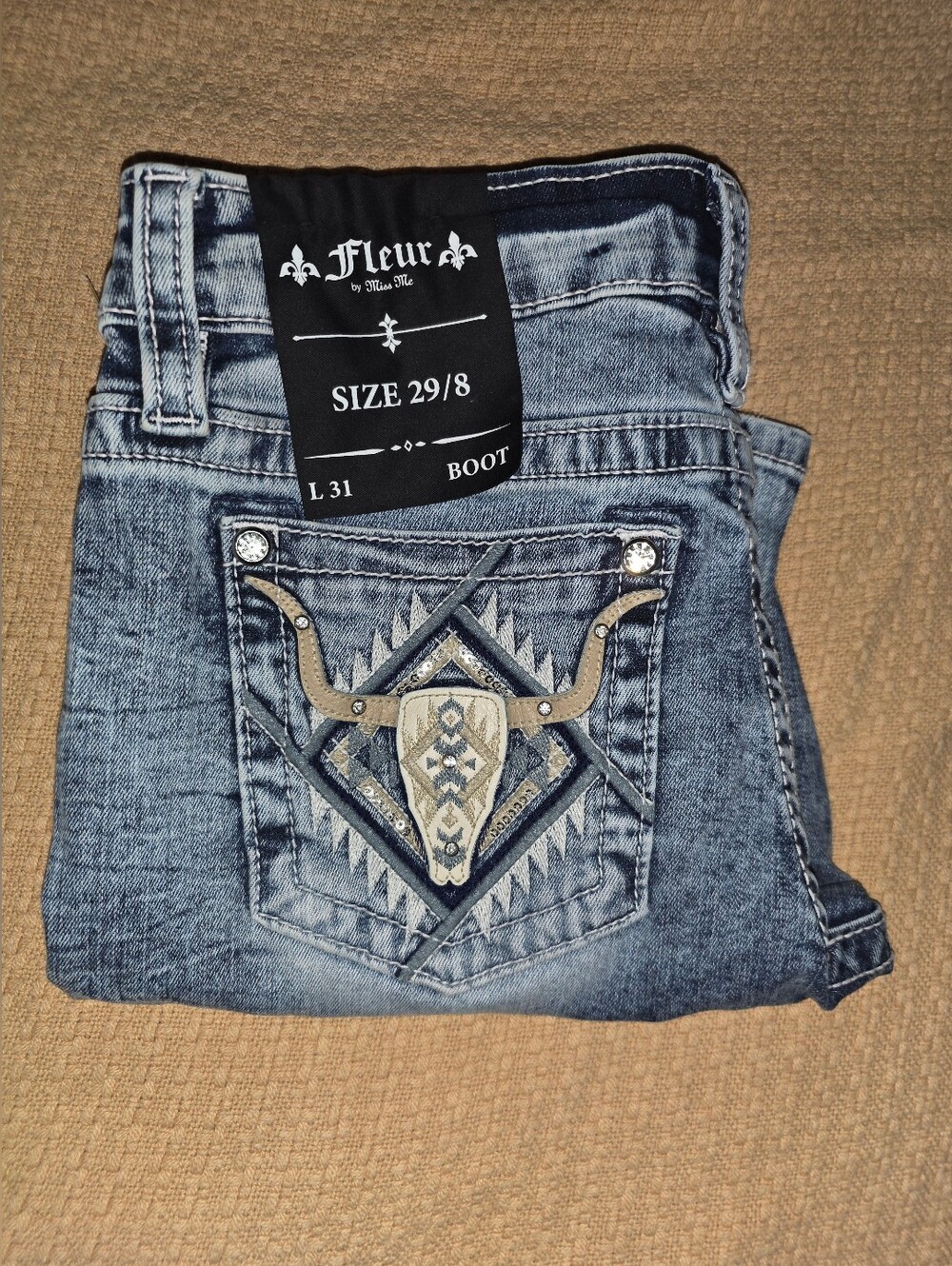 Fleur By Miss Me Jeans Leather Longhorn Rhinestone Accented Bootcut Pant